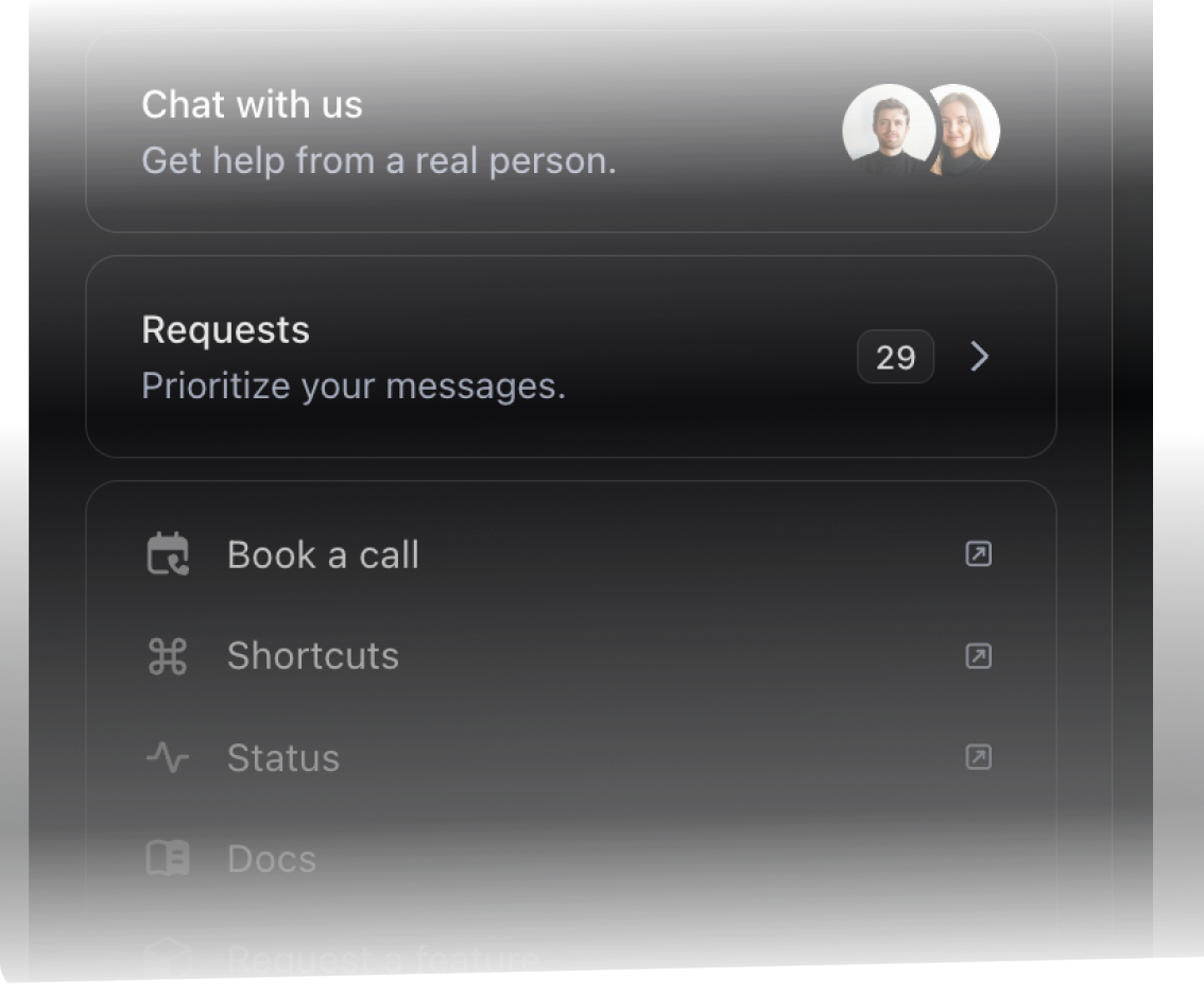 Embeddable widget with Chat with us, Requests, Book a call, Shortcuts, Status, and Docs